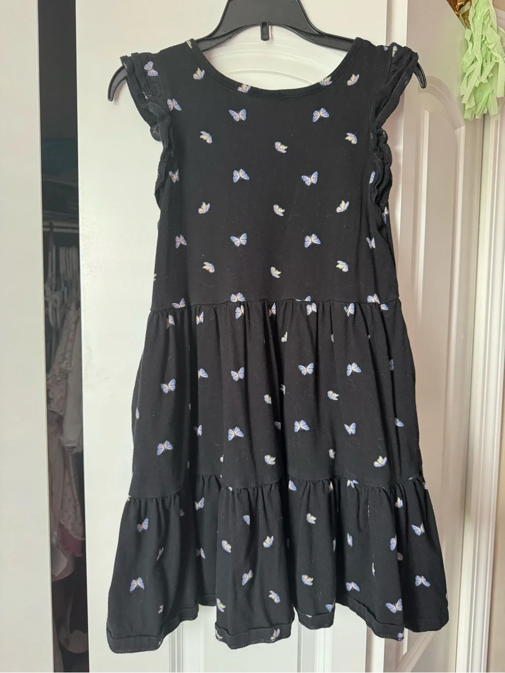 Old Navy Black Tiered Dress with Blue & White Butterfly Print
